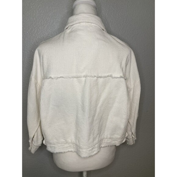 POL Jacket Womens M Ivory White Corduroy Raw Edge Cotton Trucker Puff Sleeve - Picture 2 of 11